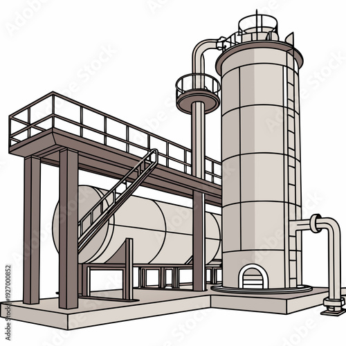 Industrial facility with large cylindrical storage tank and platform