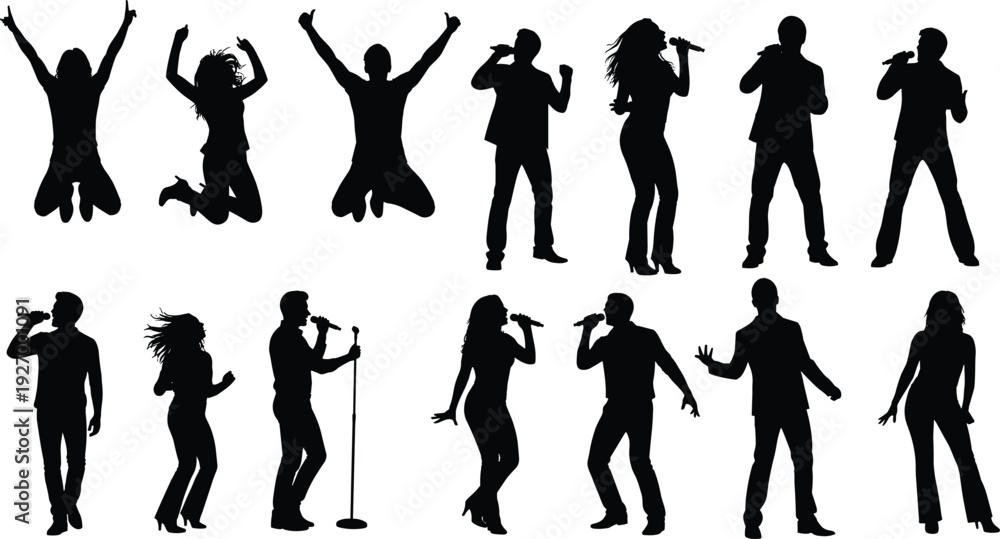 Fototapeta premium Singer, performer, musician, man, artist, vocalist, silhouette, flavector, stage, microphone, suit, concert, music, entertainment, show jazz, pop, rock, song, karaoke,