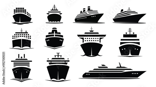 Collection of various black silhouette cruise ship icons on white background for travel and transportation design