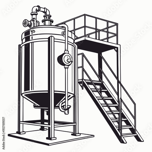 A large industrial tank with a staircase and platform