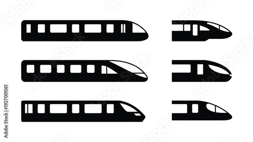 Collection of modern train silhouettes in various styles and lengths on white background for design and transportation concepts