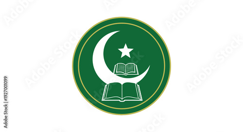 A circular emblem displaying a white crescent moon star and open book on green a silhouette high quality