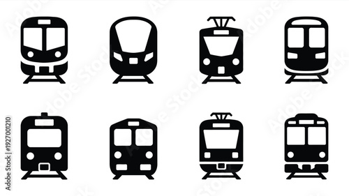 Railway vehicle silhouette icon set with various train designs on white background for transport and travel concepts