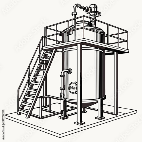 A large metal tank with a staircase and railing