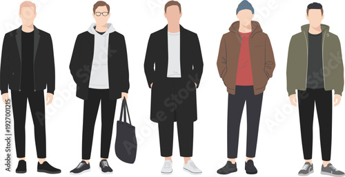 Modern casual men wearing jackets, hoodies and coats, minimalist male urban street style fashion illustration set isolated on white background