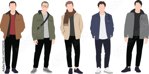 Modern casual young men wearing jackets and scarves, minimalist male street style fashion illustration set isolated on white background