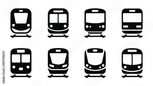 Railway vehicle silhouette icon set with various train front views on white background for transport and travel concepts