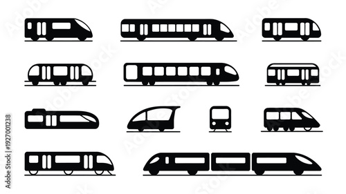 Collection of minimal vector train silhouettes in black on white background for design and transportation concepts