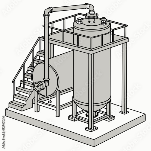 Industrial machine with cylindrical tank and staircase