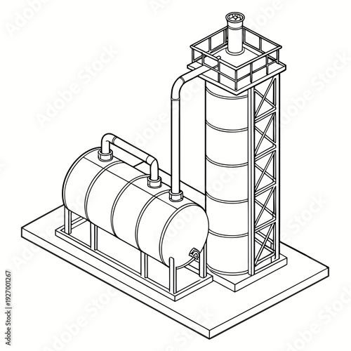 Industrial equipment with cylindrical tanks and tower