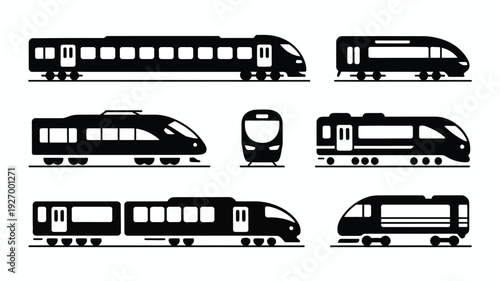 Railway vehicle silhouette icon set with various train types on white background for design and transportation concepts