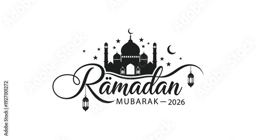 A decorative ramadan kareem greeting featuring a mosque and crescent moon silhouette high quality professional detailed modern elegant