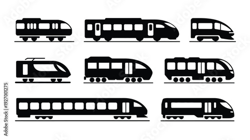 Railway vehicle silhouette icon set with various train types and modern designs on white background for transportation and travel concepts
