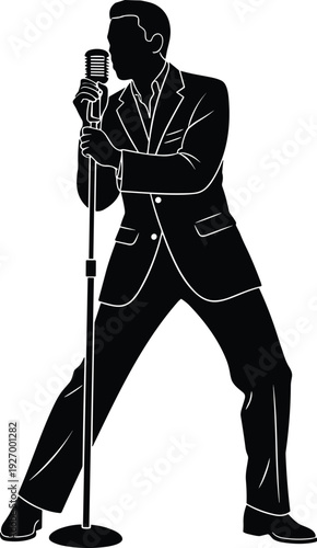 Singer, performer, musician, man, artist, vocalist, silhouette, flavector, stage, microphone, suit, concert, music, entertainment show, jazz, pop, rock, song, karaoke,