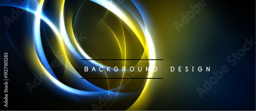 Abstract design features swirling blue, yellow light. Dark background emphasizes luminous curves, creating dynamic visual effect. Modern, sleek presentation.