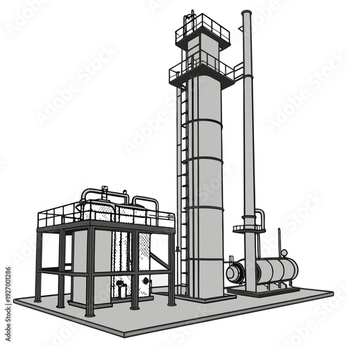 Industrial facility with a tall tower and pipes