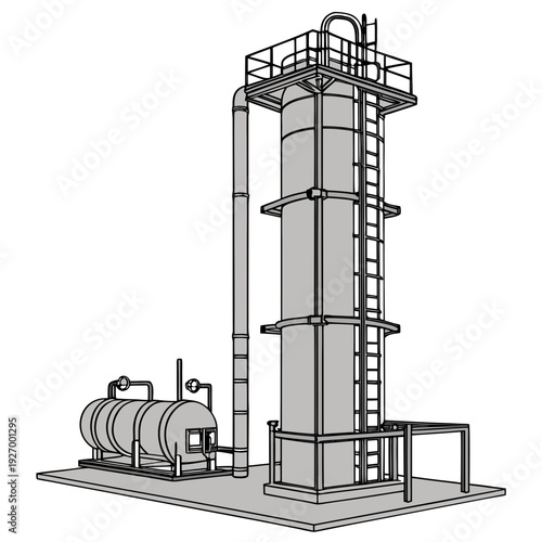 Industrial equipment with a tall cylindrical tower and horizontal tanks