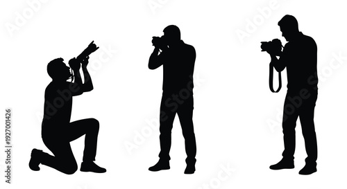 Three photographers in various poses capture moments showcasing dedication and artistry a striking silhouette high quality professional detailed modern