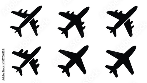 Airplane silhouettes set in flight black icons on white background for travel and transportation concepts