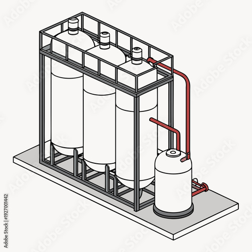 Industrial filtration system with three large tanks and a small cylinder