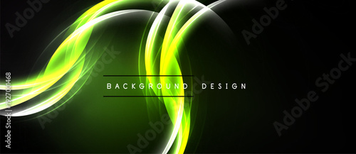 Abstract design features vibrant green, yellow curves against dark background. Smooth lines create dynamic, flowing visual effect.