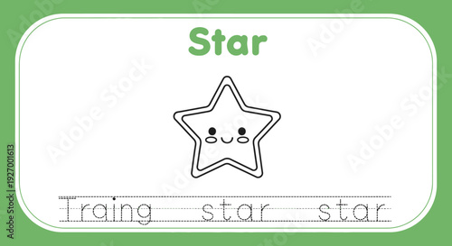 Star tracing worksheet for kids learning to write. Cute star character.