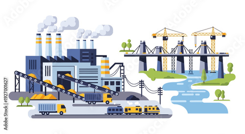 Industrial Factory Landscape with Bridge Construction, Conveyor Belts, Trucks, and Train - Modern Manufacturing & Logistics Vector