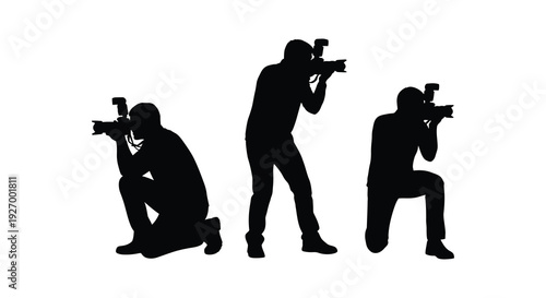 Three photographers captured in dynamic poses skillfully aiming their cameras a striking silhouette high quality professional detailed
