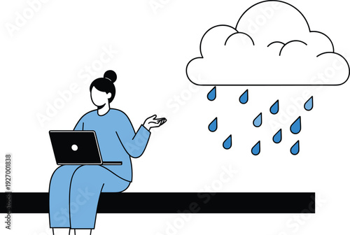 Woman with laptop sitting under rainy cloud flat vector illustration representing remote work stress emotional burnout and mental health