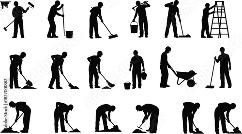 Worker silhouettes set people cleaning painting digging and construction tasks isolated vector illustration labor service industry concept