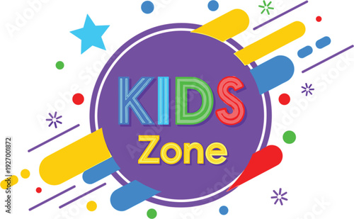 Colorful Kids Zone sign design with playful typography and geometric abstract shapes for children's entertainment area and playroom
