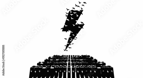 Birds take flight from a lightning bolt, symbolizing energy and freedom.