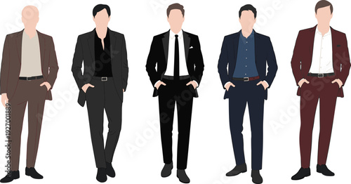 Stylish businessmen in modern tailored suits, minimalist male corporate fashion illustration set isolated on white background for professional office style