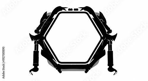 Futuristic hexagonal frame with mechanical robotic arms on a white background