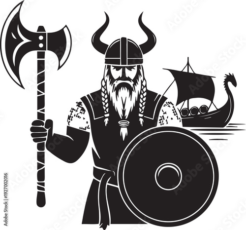 Viking warrior standing with large axe and shield near longship boat