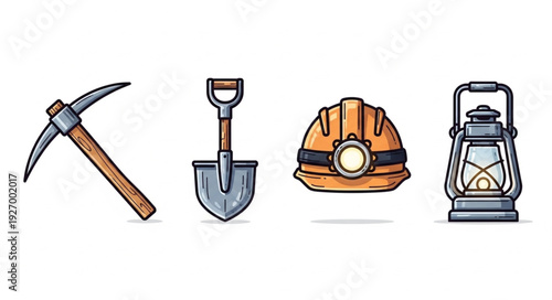 Mining tools and equipment for underground work, including a pickaxe, shovel, helmet, and lantern.