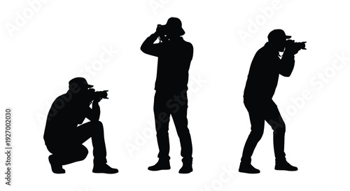 Three photographers captured in dynamic poses intently focusing through their camera lenses a silhouette high quality professional