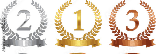 Set of luxury laurel wreath awards with numbers for first, second, and third place isolated on white background