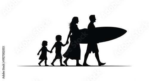 A family of four walks towards the ocean carrying a surfboard depicted as a striking silhouette high quality