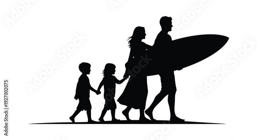A family of five walks together carrying a surfboard towards the ocean presented as a silhouette high quality