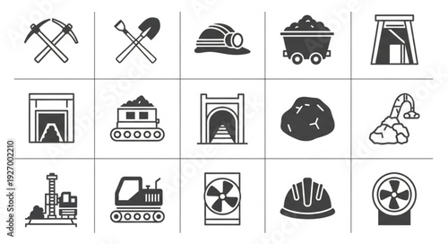 Mining and industrial equipment icons representing various aspects of the industry.