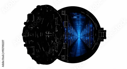 Open vault reveals glowing digital tunnel of data and information