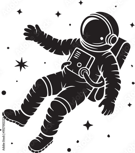 Astronaut floating among stars in space black and white vector design
