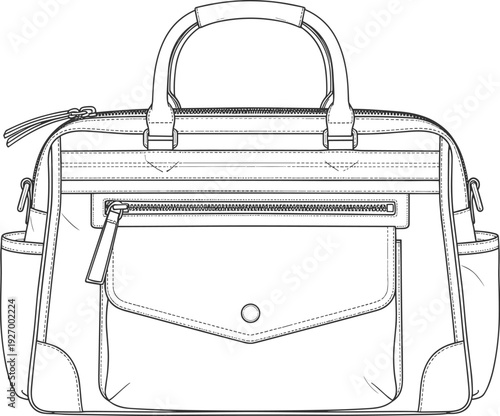 Leather handbag outline drawing, fashion tote purse sketch flat vector illustration isolated on white background