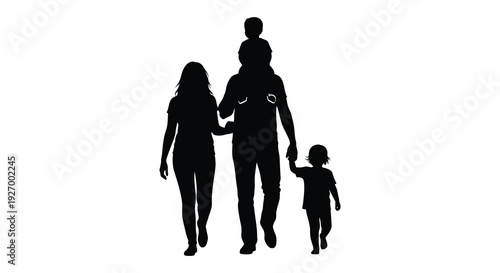 A family of four walks together enjoying a peaceful moment captured in black silhouette high quality professional detailed