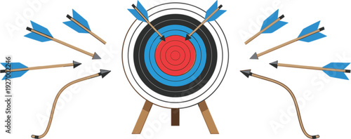 Archery target with arrows hitting the center and flying around for sports competition and accuracy training vector design