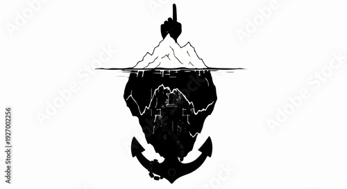 Symbolic iceberg with a defiant gesture and an anchor, representing hidden challenges and submerged truths.