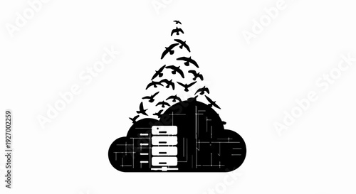 Flock of birds transforming into a cloud server, symbolizing data migration and digital transformation.
