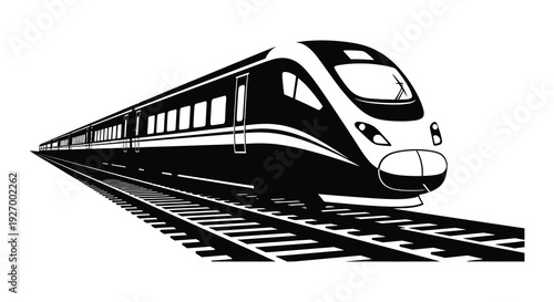 A sleek modern high speed train travels along railway tracks presented in a striking silhouette high quality professional detailed