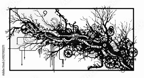 Intricate steampunk branches with gears and mechanical elements, a fusion of nature and industry.